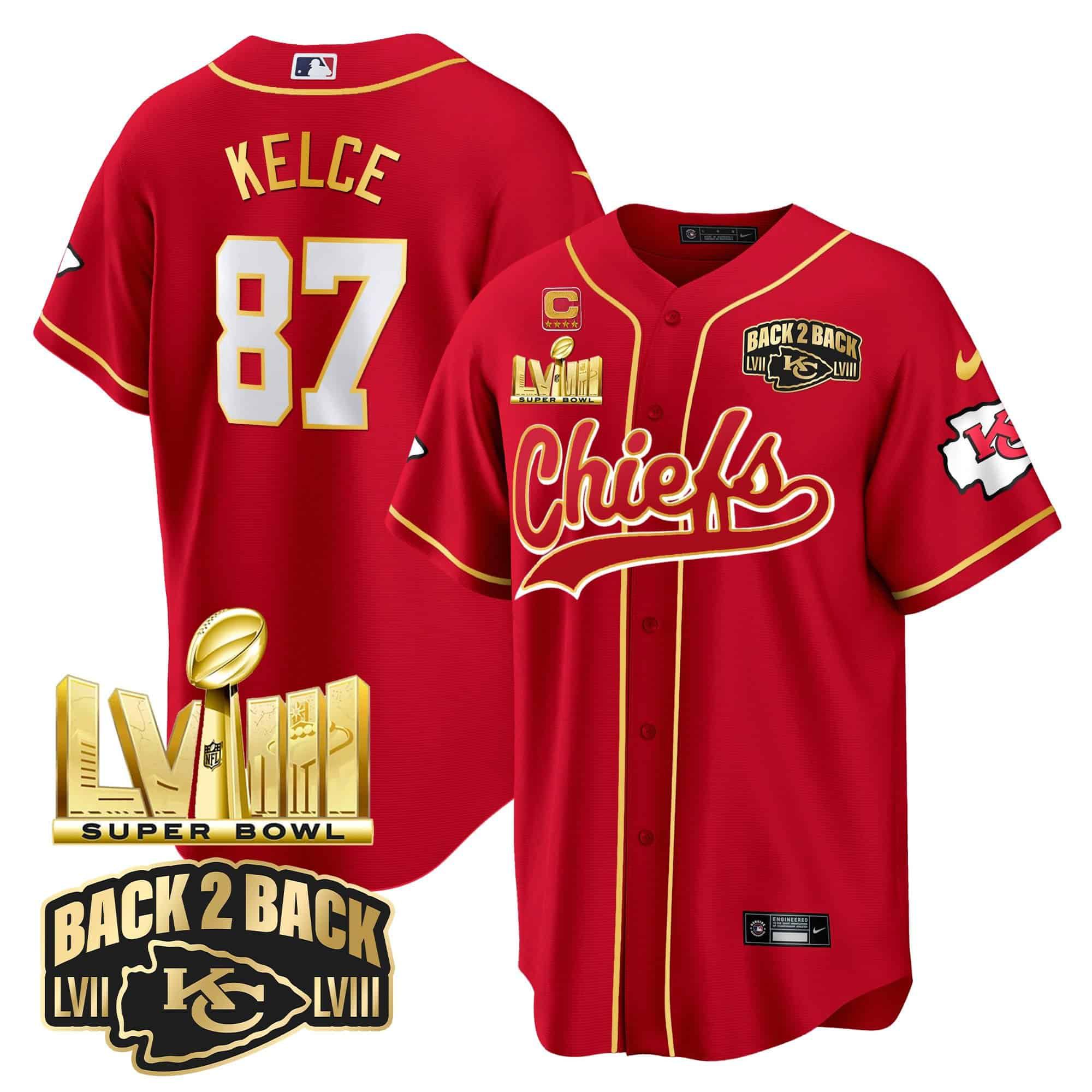 Men Kansas City Chiefs 87 Kelce Red 2024 Nike Super Bowl LVIII Back 2 Back Gold Patch Baseball NFL Jersey